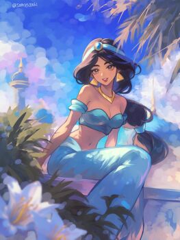 1girl aladdin_(movie) arabian_clothes artist_name bandeau bare_shoulders black_hair blue_bandeau blue_eyeshadow blue_pants blue_sky blurry blurry_foreground breasts brown_eyes bush cleavage cloud collarbone colorful commentary dark-skinned_female dark_skin day depth_of_field disney earrings eyeshadow feet_out_of_frame flower gold_earrings gold_necklace harem_pants head_ornament highres jasmine_(disney) jewelry lips long_hair looking_at_viewer loose_hair_strand low_ponytail makeup medium_breasts middle_eastern_architecture multi-tied_hair navel necklace off-shoulder_bandeau off_shoulder outdoors palace palm_leaf pants ponytail red_lips sitting sitting_on_object sky solo tomoe_(shoushou781) tower triangle_earrings twitter_username very_long_hair white_flower