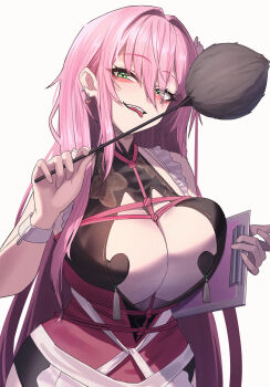 1girl absurdres apron ars_rg0412 bare_shoulders black_dress breasts cleavage clipboard commentary_request cowboy_shot dress duster earrings flower goddess_of_victory:_nikke green_eyes hair_between_eyes hair_flower hair_intakes hair_ornament heart_pasties highres holding holding_clipboard holding_duster jewelry large_breasts long_hair looking_at_viewer maid maid_apron mole mole_under_eye pasties pink_hair pink_rope red_dress rope shibari shibari_over_clothes sidelocks simple_background sleeveless sleeveless_dress smile solo standing tassel teeth tongue tongue_out upper_teeth_only velvet_(nikke) white_background wrist_cuffs