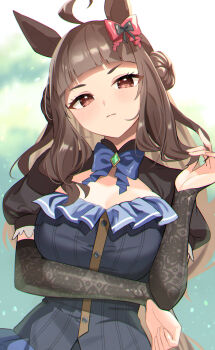 1girl ahoge animal_ears arm_under_breasts black_dress blue_bow blue_bowtie bow bowtie breasts brown_eyes brown_hair cleavage closed_mouth commentary_request detached_sleeves double_bun dress dynam_heroine_(umamusume) ear_bow hair_bun head_tilt highres horse_ears horse_girl large_breasts long_hair looking_at_viewer meyamu playing_with_own_hair puffy_short_sleeves puffy_sleeves red_bow short_sleeves solo umamusume umamusume:_cinderella_gray upper_body