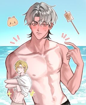 Rule 34 | 2boys, amo 0202, blonde hair, blue sky, blush, eunho (plave), food, grey hair, hair between eyes, highres, horizon, index finger raised, k-pop, looking at viewer, male focus, marshmallow, mole, mole on chest, mole under eye, multiple boys, multiple moles, nipples, noah (plave), ocean, parted bangs, plave, pointing, pointing at self, red eyes, roasted marshmallow, shirt partially removed, short hair, sky, sweatdrop, topless male