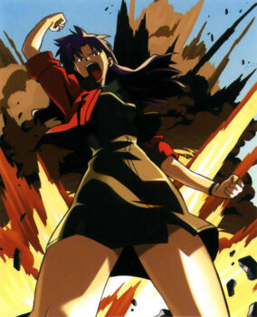 Rule 34 | 1girl, between legs, breasts, epic, explosion, hand up, jacket, katsuragi misato, legs, legs apart, long hair, neon genesis evangelion, open mouth, serious, solo, standing, view between legs