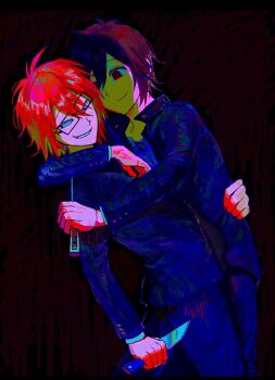 2boys black-framed_eyewear black_eyes black_hair black_jacket black_pants boxcutter gakuran glasses highres holding holding_boxcutter holding_knife hug jacket knife long_sleeves male_focus multiple_boys open_clothes open_jacket orange_hair pants randal&#039;s_friends randal_ivory rectangular_eyewear rpdlcnd_17 school_uniform shirt smile tsukada_satoru white_shirt