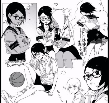 1boy 2girls against_railing akimichi_chouchou alternate_universe ball basketball_(object) boruto:_naruto_next_generations cloud commentary_request dark-skinned_female dark_skin expressionless frown greyscale hair_over_one_eye highres holding holding_notebook light_smile miniskirt monochrome multiple_girls naruto_(series) notebook onka_(aun_ka28) pillarboxed pleated_skirt ponytail railing school_uniform scrunchie serafuku shirt shoes short_hair short_ponytail shorts shorts_under_skirt sitting skirt sneakers t-shirt towel towel_around_neck translation_request two_side_up uchiha_sarada wrist_scrunchie yamanaka_inojin