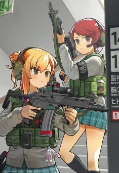 2girls ammunition_pouch ankle_socks armband artist_name assault_rifle black_armband black_socks blonde_hair blue_skirt blush brown_eyes commentary_request dated ear_protection fire_escape flashbang grey_jacket gun hair_between_eyes handgun headset highres holding holding_gun holding_weapon howa_type_89 jacket long_hair long_sleeves medium_hair microphone mifune_(_mifune_707) multiple_girls optical_sight original pleated_skirt pouch red_hair rifle school_uniform sidelocks sign signature skirt socks stairs tactical_clothes tactical_school_uniform translation_request watermark weapon