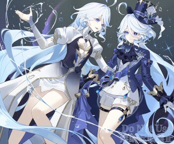 2girls absurdres ahoge ascot blue_ascot blue_eyes blue_gemstone blue_hair blue_hat blue_jacket clothing_cutout cowboy_shot dress drop-shaped_pupils floating_hair focalors_(genshin_impact) furina_(genshin_impact) gem genshin_impact gradient_clothes gradient_dress grid_background hat heterochromia highres hydrokinesis jacket juliet_sleeves long_hair long_sleeves looking_at_another multicolored_hair multiple_girls open_mouth puffy_sleeves shirt shorts smile sparkle symbol-shaped_pupils teeth thotep top_hat upper_teeth_only very_long_hair vision_(genshin_impact) water white_hair white_shirt white_shorts