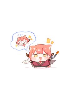 Rule 34 | !, 1girl, :d, absurdres, animal ears, aru (blue archive), blue archive, cat ears, cat tail, commentary request, demon girl, demon horns, highres, holding, horns, mask, open mouth, red hair, red ribbon, ribbon, simple background, smile, solo, speech bubble, tail, urode, yellow eyes