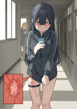 2girls absurdres black_hair black_jacket black_shorts black_socks blonde_hair blue_eyes blunt_bangs blush bottomless breasts cellphone closed_mouth controller cross-section day door egg_vibrator embarrassed female_focus flat_chest gym_uniform hair_between_eyes half-closed_eyes hallway hand_up happy highres holding holding_phone indoors jacket kneehighs lemontyoisy_r18 long_hair looking_at_viewer matching_hair/eyes medium_breasts multiple_girls nose_blush open_mouth original peeking_out phone public_indecency pussy_juice remote_control remote_control_vibrator school sex_toy shoes shorts sidelocks smartphone smile socks solo_focus split_mouth standing straight-on textless_version thigh_strap track_jacket vibrator vibrator_cord white_footwear window yellow_eyes