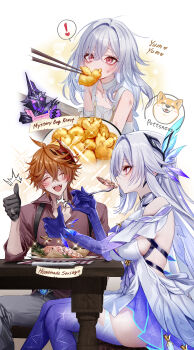 ! 1boy 1girl absurdres artist_logo black_gloves breasts chopsticks closed_eyes dress food fork genshin_impact gloves grey_pants hair_ornament highres holding holding_fork large_breasts logo long_hair open_mouth pants pink_eyes pottsness prosthesis prosthetic_arm prosthetic_leg red_shirt shirt sitting skirk_(genshin_impact) skirk_(young)_(genshin_impact) spoken_exclamation_mark surtalogi_(genshin_impact) table tartaglia_(genshin_impact) thumbs_up vision_(genshin_impact) watermark white_dress white_hair