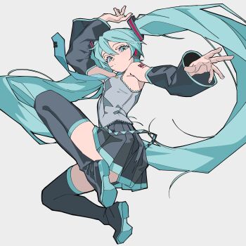 1girl absurdres aqua_eyes aqua_hair aqua_nails aqua_necktie arm_up bare_shoulders black_boots black_skirt black_sleeves boots breasts closed_mouth commentary detached_sleeves dot_mouth english_commentary fingernails full_body grey_shirt hair_between_eyes hair_ornament hatsune_miku headset highres long_hair looking_at_viewer nail_polish necktie number_tattoo nyokki763 pleated_skirt shirt shoulder_tattoo simple_background skirt sleeveless sleeveless_shirt small_breasts solo tattoo thigh_boots thighhighs tie_clip twintails very_long_hair vocaloid white_background wide_sleeves zettai_ryouiki