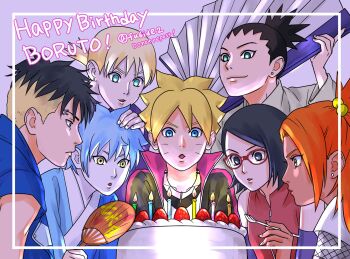 2girls 5boys :o akimichi_chouchou birthday_cake black_eyes black_hair blonde_hair blue_eyes blue_hair boruto:_naruto_next_generations cake candle commentary_request dark-skinned_female dark_skin earrings eyebrow_piercing face_piercing facial_mark folding_fan food frown fruit glasses green_eyes hair_bobbles hair_ornament hand_fan happy_birthday highres holding holding_fan jewelry kawaki_(boruto) matsu_(fu6ide2) mitsuki_(naruto) multicolored_hair multiple_boys multiple_girls nara_shikadai naruto_(series) necklace paper_fan piercing ponytail short_ponytail smile strawberry stud_earrings topknot twitter_username two-tone_hair uchiha_sarada uchiwa undercut uzumaki_boruto watermark whisker_markings yamanaka_inojin yellow_eyes