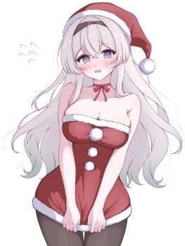 1girl alternate_costume armpit_crease bare_shoulders black_hairband black_pantyhose blush breasts choker cleavage collarbone commentary_request cowboy_shot dress dress_tug embarrassed firefly_(honkai:_star_rail) flying_sweatdrops fur-trimmed_dress fur-trimmed_headwear fur_trim hairband hat highres honkai:_star_rail honkai_(series) large_breasts long_hair multicolored_eyes nami_1899 open_mouth pantyhose pom_pom_(clothes) purple_eyes red_dress red_hat red_ribbon ribbon ribbon_choker santa_costume simple_background solo strapless strapless_dress white_background white_hair