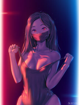 1girl a.x. absurdres artist_name bare_arms bare_shoulders black_hair black_one-piece_swimsuit blue_background breasts cleavage collarbone commentary_request competition_swimsuit gradient_background highres korean_commentary long_hair looking_at_viewer mask medium_breasts mouth_mask one-piece_swimsuit original pulling_own_clothes red_background red_eyes sidelighting solo strap_pull swimsuit upper_body wide_hips