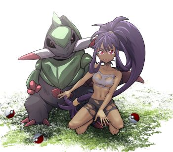 1girl bandeau barefoot bike_shorts breasts clenched_teeth collarbone commentary_request eyelashes fraxure gen_5_pokemon grey_bandeau hair_rings highres iris_(pokemon) long_hair looking_at_viewer low-tied_long_hair navel nintendo poke_ball poke_ball_(basic) pokemon pokemon_(creature) pokemon_bw2 purple_eyes purple_hair squatting tearing_up teeth toes torn_bandeau torn_bike_shorts torn_clothes zerold
