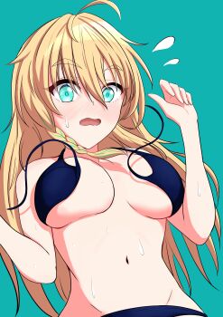 1girl absurdres ahoge aqua_background aqua_eyes aqua_hair bikini blonde_hair blue_bikini blush braid breasts flying_sweatdrops hair_between_eyes highres large_breasts long_hair multicolored_hair navel open_mouth sample341114 shine_post side_braid single_braid solo sweatdrop swimsuit totsuka_nanami wardrobe_malfunction
