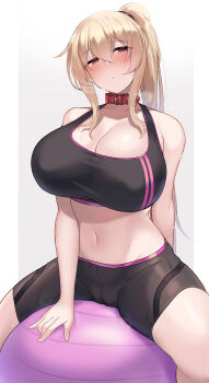 1girl balancing ball bare_shoulders belt_collar blonde_hair blush breasts cleavage collar exercising exercise_ball gym gym_uniform highres huge_breasts kubiwa_(kutan) kutan long_hair looking_at_viewer navel on_ball original pants ponytail red_collar red_eyes sitting sitting_on_ball solo sports_bra spread_legs yoga_pants