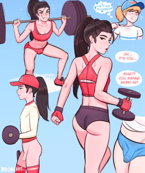 2boys ass baseball_cap bdone black_hair blonde_hair blue_eyes blush brown_eyes bulge crossdressing crossdressing_(mtf) english_text erection erection_under_clothes exercising flaccid hat long_hair male_focus multiple_boys original penis ponytail shorts squatting sweat thighhighs trap