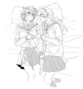 2girls absurdres blush chinese_commentary commentary highres jiguang_haibao koishikawa_iko long_hair long_sleeves looking_at_another lying miniskirt momijiyama_teru multiple_girls neckerchief on_side pleated_skirt sailor_collar school_uniform serafuku shirt short_hair shy_(series) simple_background skirt white_background yuri