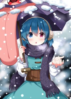 1girl :o blue_eyes blue_hair blue_skirt blue_vest blurry blurry_background blush commentary_request cowboy_shot dot_nose earmuffs hair_between_eyes heterochromia highres holding holding_umbrella karakasa_obake long_sleeves open_mouth purple_scarf purple_umbrella red_eyes ruu_(tksymkw) scarf shirt short_hair skirt skirt_set snow snowing solo tatara_kogasa touhou umbrella vest white_shirt winter_clothes