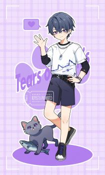 Rule 34 | 1boy, absurdres, animal, belt, belt buckle, black belt, black hair, black shoes, black shorts, buckle, cat, closed mouth, colored shadow, commentary, copyright name, fish, full body, hair between eyes, hand on own hip, hand up, heart, highres, layered sleeves, long sleeves, male focus, marius von hagen (tears of themis), no socks, plaid background, purple eyes, shadow, shoes, short over long sleeves, short sleeves, shorts, smile, solo, spoken heart, standing, standing on one leg, t0uka o1, tears of themis, watermark