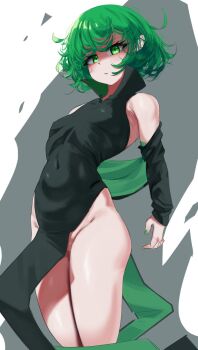 1girl arms_at_sides bare_hips bare_legs bare_shoulders black_dress black_sleeves breasts closed_mouth convenient_censoring covered_erect_nipples covered_navel detached_sleeves dress eyelashes female_focus fingernails green_dress green_eyes green_hair green_lips green_nails grey_background legs_together lipstick looking_at_viewer makeup matching_hair/eyes medium_hair messy_hair nail_polish no_panties one-punch_man petite serious silver_queen_(silverqueen0) simple_background sleeveless sleeveless_dress small_breasts solo standing tatsumaki two-tone_background two-tone_dress white_background