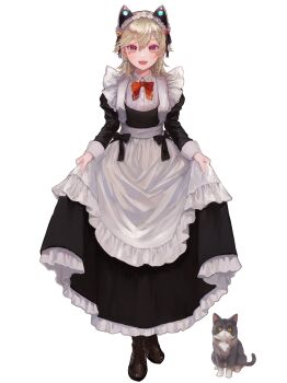 Rule 34 | 1girl, absurdres, alternate costume, animal ears, apron, blonde hair, blush, bow, bowtie, brown shoes, cat, commentary request, earrings, facial mark, fake animal ears, frilled hairband, frilled skirt, frills, full body, hair ornament, hairband, hairclip, highres, jewelry, komori met, long sleeves, looking at viewer, maid, medium hair, open mouth, orange eyes, red bow, red bowtie, rokuri-eva, shoes, simple background, skirt, solo, standing, teeth, upper teeth only, virtual youtuber, vspo!, white apron, white background