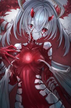 1girl antennae breasts claws colored_inner_hair colored_skin commentary_request cracked_skin eyes_visible_through_hair grey_hair hair_between_eyes highres horns kajaneko long_hair multicolored_hair original red_eyes red_skin small_breasts solo tail white_scales wings