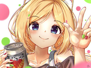 1girl aki_rosenthal aki_rosenthal_(gaming_casual) animal_ear_fluff animal_ears black_shirt blonde_hair blue_eyes can cat_ears commentary green_nails highres holding holding_can hololive long_hair looking_at_viewer multicolored_nails nail_polish official_alternate_costume overalls red_nails shirt smile solo twintails u_da_desu very_long_hair virtual_youtuber white_overalls