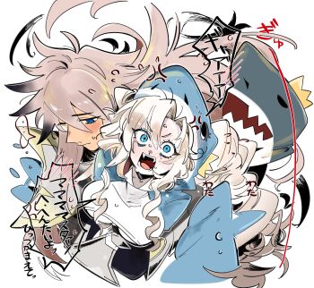 1boy 1girl anger_vein animal_costume animal_hood black_hair blue_eyes blush breasts closed_mouth colored_tips commentary_request crop_top crown fangs fate/grand_order fate_(series) full-face_blush gradient_hair grey_hair highres hood kriemhild_(fate) kriemhild_(swimsuit_rider)_(fate) kriemhild_(swimsuit_rider)_(second_ascension)_(fate) kuriimu0203 long_hair long_sidelocks looking_down looking_up medium_breasts mini_crown multicolored_hair open_mouth pale_skin ringlets screaming shark_costume sidelocks siegfried_(fate) speech_bubble sweatdrop white_hair