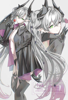 1girl black_cloak black_hands black_panties black_thighhighs body_markings breasts candy choker cloak colored_extremities commentary_request crossed_bangs demon_girl demon_horns demon_wings ear_piercing fate/grand_order fate_(series) food green_eyes grey_hair hair_between_eyes highres horns lilith_(fate) lilith_(second_ascension)_(fate) lollipop long_hair looking_at_viewer medium_breasts multiple_views navel one_eye_closed panties piercing pointy_ears qf_ivi smile stomach_tattoo tattoo thighhighs thighs twintails underwear very_long_hair wings
