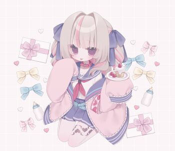 Rule 34 | 1girl, :p, absurdres, aqua belt, armband, baby bottle, belt, belt collar, blue bow, blue ribbon, blue sailor collar, blue skirt, blush, bottle, bow, box, cake, collar, colored inner hair, commentary request, drill hair, food, full body, gift, gift box, grey hair, grid background, hair intakes, hair over shoulder, hair ribbon, hands up, heart, heart background, highres, holding, holding plate, jacket, kuma kubo3, leg tattoo, long hair, looking at viewer, loose belt, makaino ririmu, makaino ririmu (4th costume), miniskirt, multicolored hair, neckerchief, nijisanji, off shoulder, open clothes, open jacket, pink bow, pink hair, pink jacket, pink streaks, plate, pleated skirt, red collar, red eyes, red neckerchief, ribbon, sailor collar, school uniform, serafuku, shirt, sidelocks, sitting, skirt, sleeves past fingers, sleeves past wrists, smile, solo, strawberry shortcake, streaked hair, tattoo, tongue, tongue out, two-tone hair, two side up, virtual youtuber, wariza, white background, white shirt, winged heart, winged heart tattoo, yellow bow