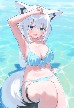 1girl :d absurdres ahoge alternate_costume animal_ear_fluff animal_ear_piercing animal_ears arm_support arm_up armpits bikini blue_bikini breasts cleavage commentary_request crossed_bangs day deaver double-parted_bangs extra_ears fox_ears fox_girl fox_shadow_puppet fox_tail front-tie_bikini_top front-tie_top hair_between_eyes halterneck highres hololive large_breasts long_hair looking_at_viewer navel open_mouth outdoors pentagram revision shirakami_fubuki side-tie_bikini_bottom sitting smile solo swimsuit tail thigh_strap virtual_youtuber water white_hair