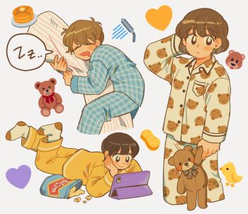 3girls antenna_hair arm_up black_eyes black_hair blue_pajamas blue_pants breast_pocket brown_hair closed_eyes closed_mouth collared_pajamas commentary drooling highres holding holding_stuffed_toy ipad long_sleeves looking_at_viewer lying mouth_drool multiple_girls on_stomach open_mouth original pajamas pants pocket short_hair sihyun25 simple_background sleeping speech_bubble spoken_zzz stuffed_animal stuffed_toy symbol-only_commentary tablet_pc teddy_bear white_background white_pajamas white_pants yellow_pajamas yellow_pants zzz