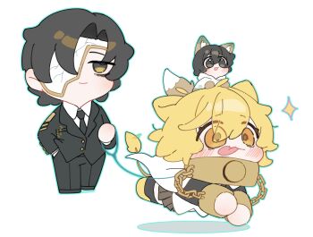 1girl 2boys :p absurdres animal_ears black_hair black_jacket black_pants black_thighhighs blonde_hair blush breasts brown_eyes brown_skirt chain chibi chibi_on_head chibi_only collar commentary_request dog_ears dog_girl don_quixote_(project_moon) eye_mask formal_clothes full_body hand_in_pocket highres holding holding_leash hood hoodie index_(identity)_(project_moon) jacket korean_commentary leash limbus_company long_sleeves mask may.l military_uniform multiple_boys necktie on_head orange_eyes pants pleated_skirt project_moon rien_(project_moon) shirt shoes short_hair skirt suit tail thighhighs tongue tongue_out white_background white_hoodie white_shirt yi_sang_(project_moon)