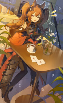 Rule 34 | !, !!, 1girl, :d, absurdres, angelina (arknights), animal ear fluff, animal ears, arknights, arknights: endfield, black gloves, black thighhighs, bracelet, breasts, brown hair, cafe, camera, chair, coat, coffee maker, commentary, digital camera, dotted line, dress, elbow gloves, fang, flower, fox ears, fox girl, full body, gilberta (arknights), gloves, grey dress, hair between eyes, head rest, headpiece, high collar, highres, holding, holding camera, indoors, infection monitor (arknights), jewelry, korean commentary, letter, lily (flower), long hair, long sleeves, looking at viewer, medium breasts, off shoulder, open clothes, open coat, open mouth, red coat, shelf, sitting, sleeveless, sleeveless dress, smile, solo, staff, table, thighhighs, twintails, uzu (malese0202), vase, wax seal, white flower, wooden chair, wooden table