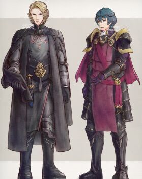 2boys alternate_costume armor black_armor black_boots black_cape black_gloves blonde_hair boots cape commentary_request cosplay costume_switch fire_emblem fire_emblem:_three_houses fire_emblem_fates forehead full_body gloves green_hair highres knee_boots looking_at_another male_byleth_(fire_emblem) male_byleth_(fire_emblem)_(cosplay) male_focus multiple_boys nintendo purple_cape purple_gloves short_hair standing tohka_sd xander_(fire_emblem) xander_(fire_emblem)_(cosplay)
