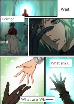 1boy 1girl aerith_gainsborough bangle blonde_hair blue_eyes bracelet braid braided_ponytail brown_gloves brown_hair cloud_strife cropped_jacket crying dress earrings english_text facing_away final_fantasy final_fantasy_vii final_fantasy_vii_remake forest gloves hair_between_eyes hair_ribbon halu-ca hand_on_own_face highres jacket jewelry lifestream long_dress long_hair nature outdoors outstretched_hand parted_lips pink_dress pink_ribbon red_jacket ribbon sequential short_hair short_sleeves sidelocks single_earring sleeping_forest square_enix tears walking