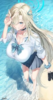 1girl absurdres aqua_ribbon asuna_(blue_archive) asuna_(school_uniform)_(blue_archive) asymmetrical_bangs bare_legs barefoot beach black_choker black_skirt blonde_hair blue_archive blue_eyes blush breasts button_gap choker cleavage collarbone commentary_request eyes_visible_through_hair fingernails gyaru hair_over_one_eye hair_ribbon halo highres holding holding_shoes holding_unworn_clothes huge_breasts kogal large_breasts long_hair looking_at_viewer marbo_(saico556) nail_polish outdoors pleated_skirt ribbon school_uniform scrunchie shirt shoes signature skirt smile solo straight_hair unworn_shoes v very_long_hair walking white_shirt wrist_scrunchie