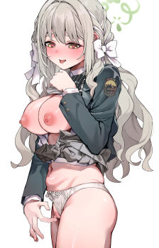 1girl absurdres blue_archive bow bowtie braid breasts choppy_bangs clitoral_stimulation clothes_lift clothing_aside diagonal-striped_bow diagonal-striped_bowtie diagonal-striped_clothes erect_clitoris female_masturbation flower_halo green_bow green_bowtie green_halo green_jacket green_panties grey_skirt hair_bow hair_ribbon halo highres jacket large_breasts long_hair masturbation miyo_(blue_archive) navel nipples no_bra panties panties_aside pussy pussy_juice ribbon ribbon_braid shirt_lift skirt skirt_lift solo striped_bow striped_bowtie striped_clothes tongue tongue_out underwear white_background white_bow wild_hunt_academy_of_arts_logo yuukauta