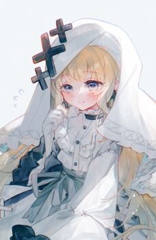Rule 34 | 1girl, akerei, black ribbon, blonde hair, closed mouth, commentary request, cowboy shot, dress, flying sweatdrops, frilled dress, frilled sleeves, frills, gloves, grey eyes, hand up, highres, hikami meruru, long hair, long sleeves, looking at viewer, mahou shoujo no majo saiban, priestess, ribbon, smile, solo, veil, white background, white dress, white gloves, white veil