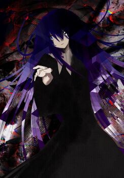1girl black_dress chromatic_aberration commentary commentary_request cowboy_shot damsel_(tone_sphere) dress english_commentary expressionless glitch hair_between_eyes highres long_bangs long_hair long_sleeves looking_at_viewer open_mouth red_background sixsec6ndzlater solo tone_sphere white_eyes wide_sleeves