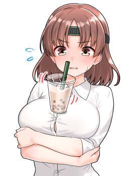 1girl absurdres breasts brown_hair bubble_tea_challenge chiyoda_(kancolle) collared_shirt commentary_request crossed_arms cup disposable_cup drinking_straw furaggu_(frag_0416) highres kantai_collection large_breasts looking_at_viewer medium_hair shirt simple_background sleeves_rolled_up solo upper_body variant_set white_background white_shirt
