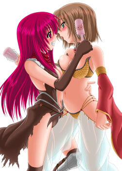 2000s_(style) 2girls armor assassin_cross_(ragnarok_online) bikini blush breasts brown_cape brown_gloves brown_hair brown_leotard brown_socks brushing_another&#039;s_hair brushing_hair cape cleavage commentary_request cowboy_shot detached_sleeves elbow_gloves gloves green_eyes grin gypsy_(ragnarok_online) hair_brush harem_pants holding holding_hair_brush leotard long_hair looking_at_another medium_breasts multiple_girls navel pants pauldrons pink_hair ragnarok_online red_eyes red_sleeves revealing_clothes see-through_clothes see-through_pants short_hair shoulder_armor simple_background smile socks strapless strapless_bikini swimsuit tenrai_(temple) torn_cape torn_clothes waist_cape white_background white_pants yellow_bikini yuri