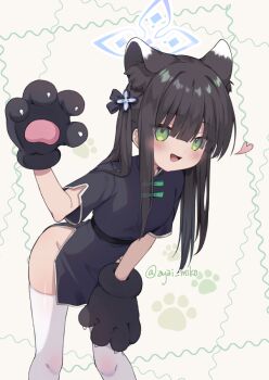 1girl :d animal_ear_fluff animal_ears animal_hands black_dress black_gloves black_hair blue_archive bow breasts dress gloves green_bow green_eyes grey_background groin leaning_forward loli long_hair looking_at_viewer open_mouth paw_gloves short_sleeves shun_(blue_archive) shun_(small)_(blue_archive) small_breasts smile solo thighhighs twintails twitter_username usagimiko white_thighhighs