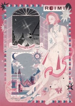 1girl 2020 absurdres aranloce arnold_(jojo) character_name commentary_request crescent_moon dated diamond_wa_kudakenai dog earrings headband highres jewelry jojo_no_kimyou_na_bouken moon pink_hair signature sugimoto_reimi