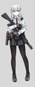 Rule 34 | 1girl, ammunition, black pantyhose, black skirt, breasts, brown eyes, collared shirt, commentary request, desert (deserteagle0321), desert eagle, full body, gloves, grey background, grey gloves, grey shoes, gun, handgun, highres, holding, holding gun, holding weapon, holster, holstered, long hair, necktie, original, pantyhose, pleated skirt, pump action, radio, red necktie, shirt, shoes, shotgun, shotgun shell, simple background, skirt, sneakers, solo, spas-12, weapon, white hair, white shirt