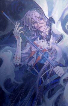 Rule 34 | 1boy, 2195305919, ascot, belt, black shirt, blood, bloody weapon, blue dress, brooch, cael anselm, cael anselm (godheim), chinese commentary, commentary request, contrast collar, dress, elbow gloves, frilled shirt collar, frills, gloves, hair between eyes, highres, holding, holding sword, holding weapon, jacket, jewelry, lapels, lips, long hair, long hair between eyes, looking at viewer, lovebrush chronicles, male focus, mountain, parted lips, print ascot, print gloves, purple eyes, shawl lapels, shirt, sideways glance, smoke, solo, spade (shape), sparkle print, striped clothes, striped shirt, sword, upper body, vertical-striped clothes, vertical-striped shirt, very long hair, weapon, white ascot, white belt, white gloves, white hair, white jacket