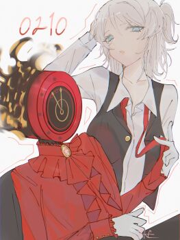 Rule 34 | 02kf, 1girl, 1other, ascot, black pants, black vest, blue eyes, clock, collarbone, commentary, commentary request, dante (limbus company), dated, faust (project moon), fire, flaming head, frilled ascot, frilled sleeves, frills, gloves, highres, limbus company, long sleeves, medium hair, neck ribbon, object head, open collar, other with female, pale skin, pants, ponytail, project moon, red ascot, red ribbon, red shirt, ribbon, shirt, undone neck ribbon, vest, white gloves, white hair, white shirt