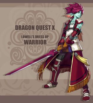 Rule 34 | 1boy, aqua skin, armor, back fin, brown background, collarbone, colored skin, commentary request, copyright name, detached sleeves, dragon quest, dragon quest x, earrings, fins, fish boy, flei rainbow, fringe trim, full body, gloves, gold earrings, greaves, head fins, holding, holding sword, holding weapon, jewelry, looking to the side, male focus, necklace, orange gloves, pink hair, red eyes, red sleeves, red vest, shirt, short hair, solo, spiked hair, sword, tooth necklace, vest, weapon, weddie (dq10), white shirt, white trim