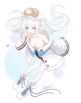 Rule 34 | 1girl, :d, absurdres, adversarial noise, azur lane, bare shoulders, black skirt, blue eyes, blunt bangs, blush, boots, breasts, choker, cleavage, coat, collarbone, commentary request, dmitri donskoi (azur lane), floating hair, full body, fur-trimmed boots, fur-trimmed choker, fur-trimmed coat, fur trim, hat, highres, lace-up boots, livetarica, long hair, long sleeves, looking at viewer, no bra, open mouth, pantyhose, parka, peaked cap, polka dot, polka dot background, sidelocks, signature, simple background, skirt, small breasts, smile, solo, standing, twintails, v, white background, white boots, white hair, white hat, white pantyhose, wide sleeves