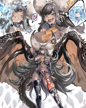 2girls absurdres arm_at_side arm_behind_head arm_up asymmetrical_clothes asymmetrical_footwear belt black_boots black_shorts blood blood_on_face blue_hair blush bodystocking bone_earrings boots breasts chest_harness closed_mouth collar commentary_request dark-skinned_female dark_skin dragon_girl dragon_horns dragon_tail dragon_wings drooling earrings feet_out_of_frame gloves gluteal_fold grey_hair grey_horns grin half_gloves harness heart highres horns huge_breasts huge_horns ice ice_horns injury jewelry legs_apart long_hair long_tail looking_ahead looking_at_viewer micro_shorts monster_hunter_(series) multiple_girls multiple_views nergigante open_mouth oversized_wings personification pointy_ears see-through_bodystocking see-through_clothes sharp_teeth shorts single_horn single_thigh_boot smile speech_bubble spiked_collar spiked_sleeves spiked_wings spikes spoken_heart standing tail teeth thigh_boots thought_bubble umitsuki upper_body velkhana very_long_hair wings yellow_eyes yuri zipper zipper_pull_tab